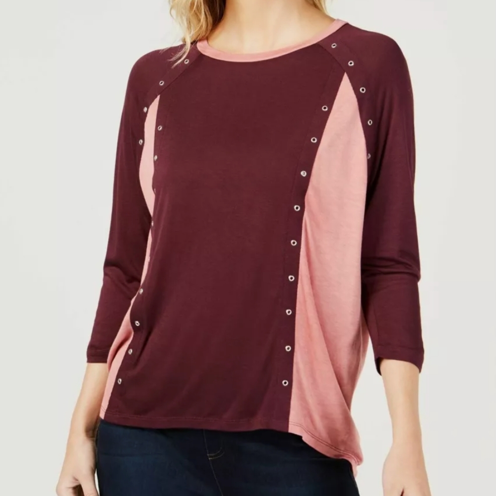 Michael Kors Pink 3/4 Sleeve Relaxed Blouse with Asymmetrical Embellishments